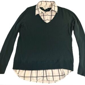 Croft & Barrow Dark Green Sweater Plaid Blouse Layered Look Size Large